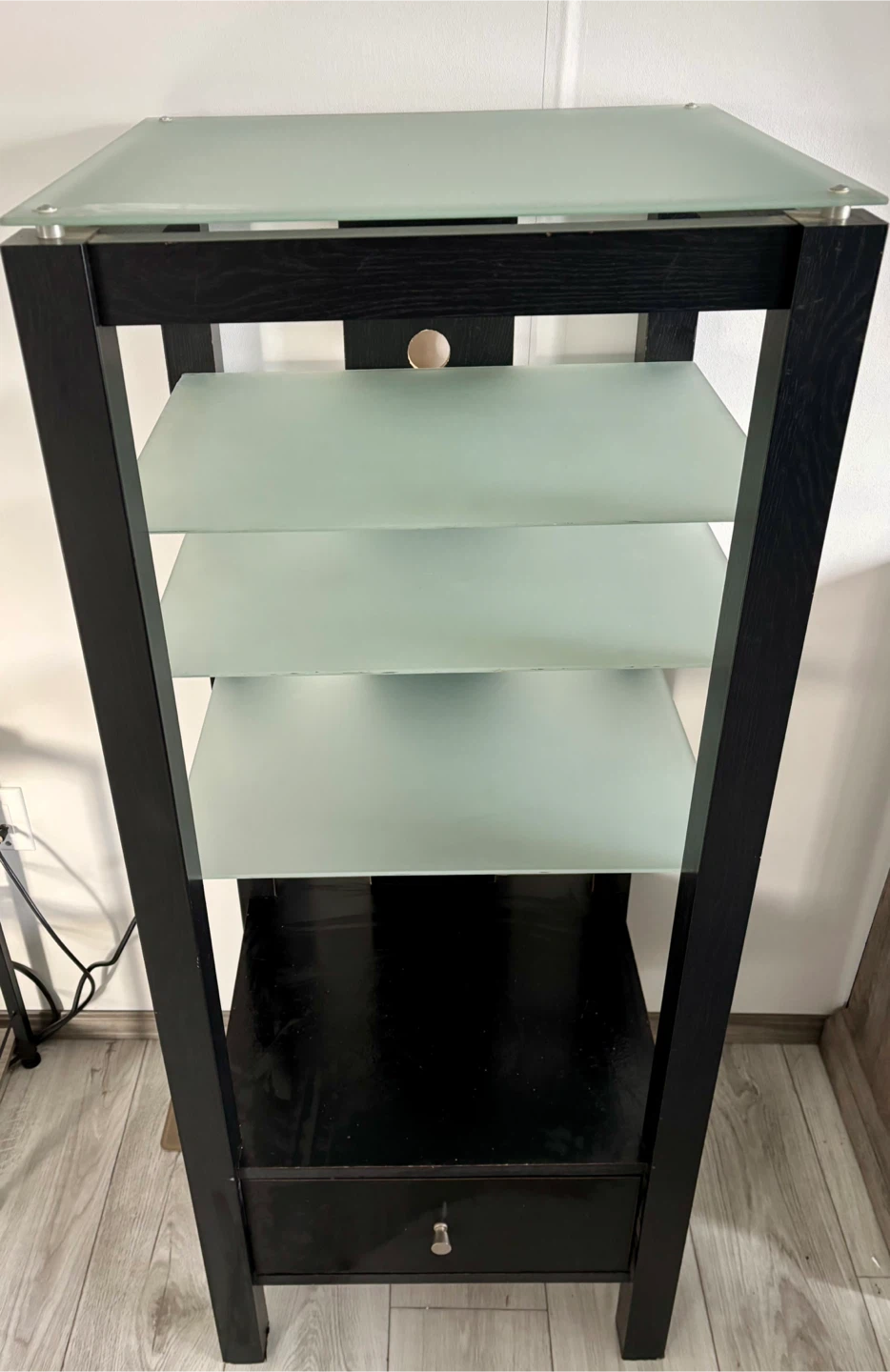 Black Entertainment Stand with Glass Shelves and Drawer