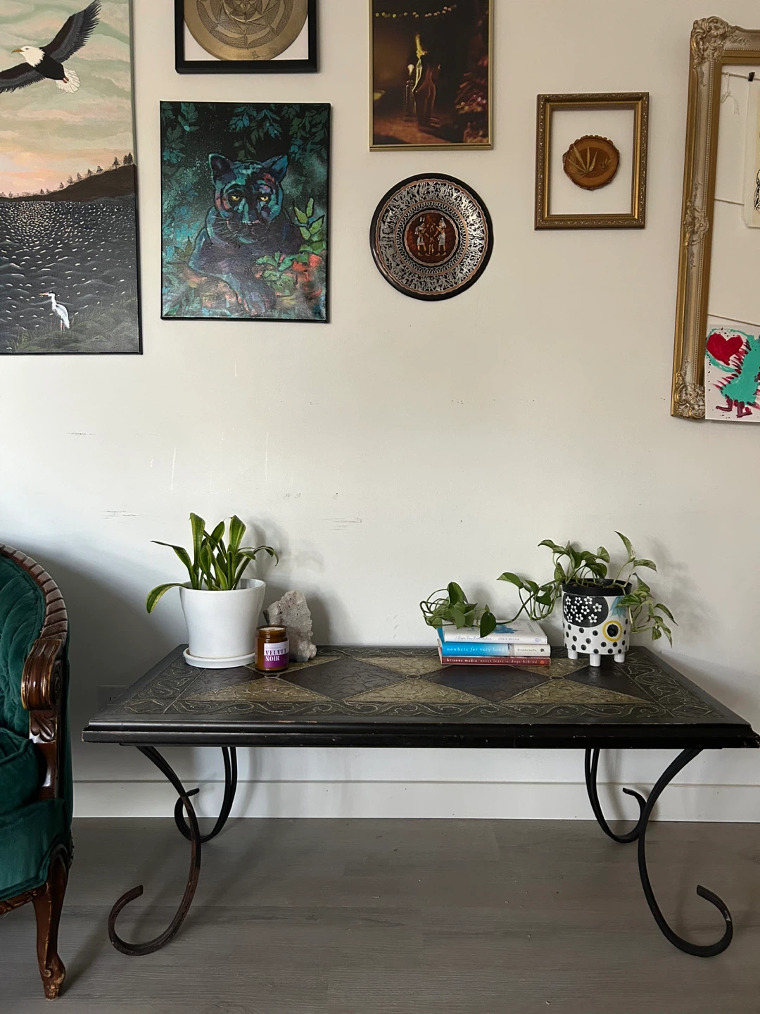 Decorative Coffee Table with Ornate Metal Legs