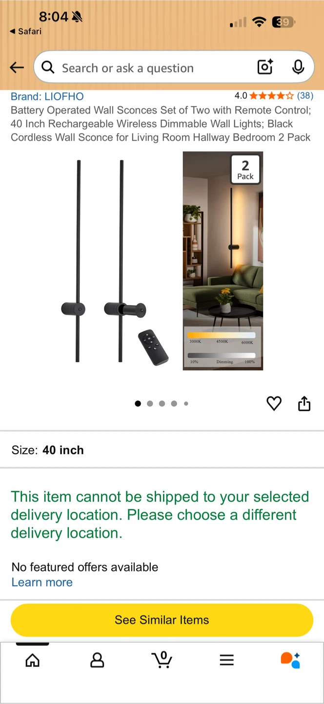 LIOFHO 40 Inch Rechargeable Wall Sconces Set of 2