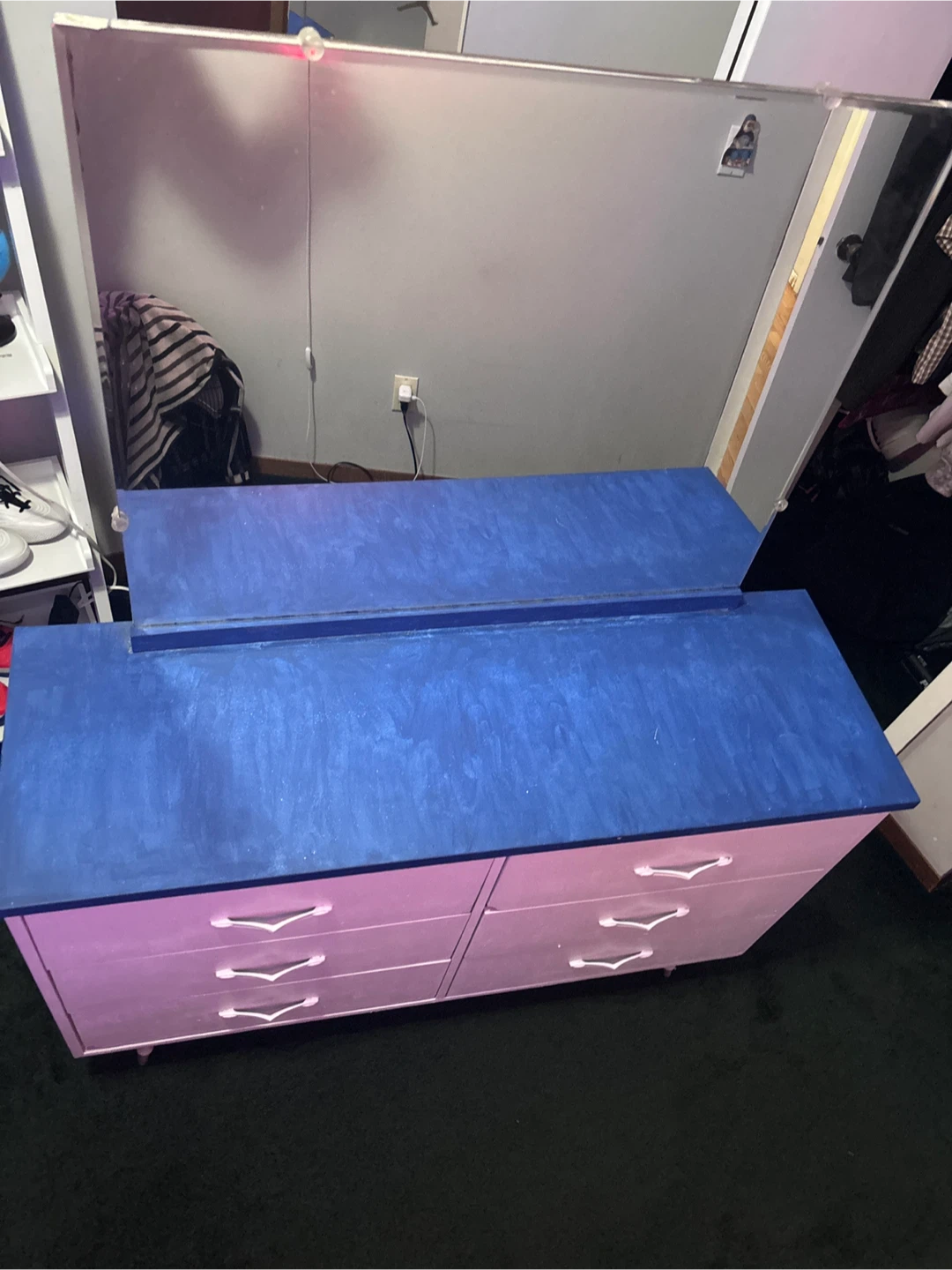 White dresser with blue top and mirror
