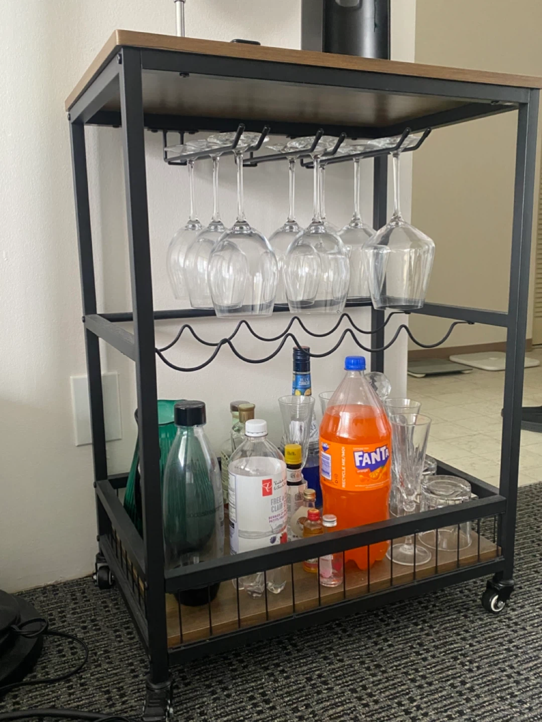 Industrial Style Bar Cart with Wine Glass Rack