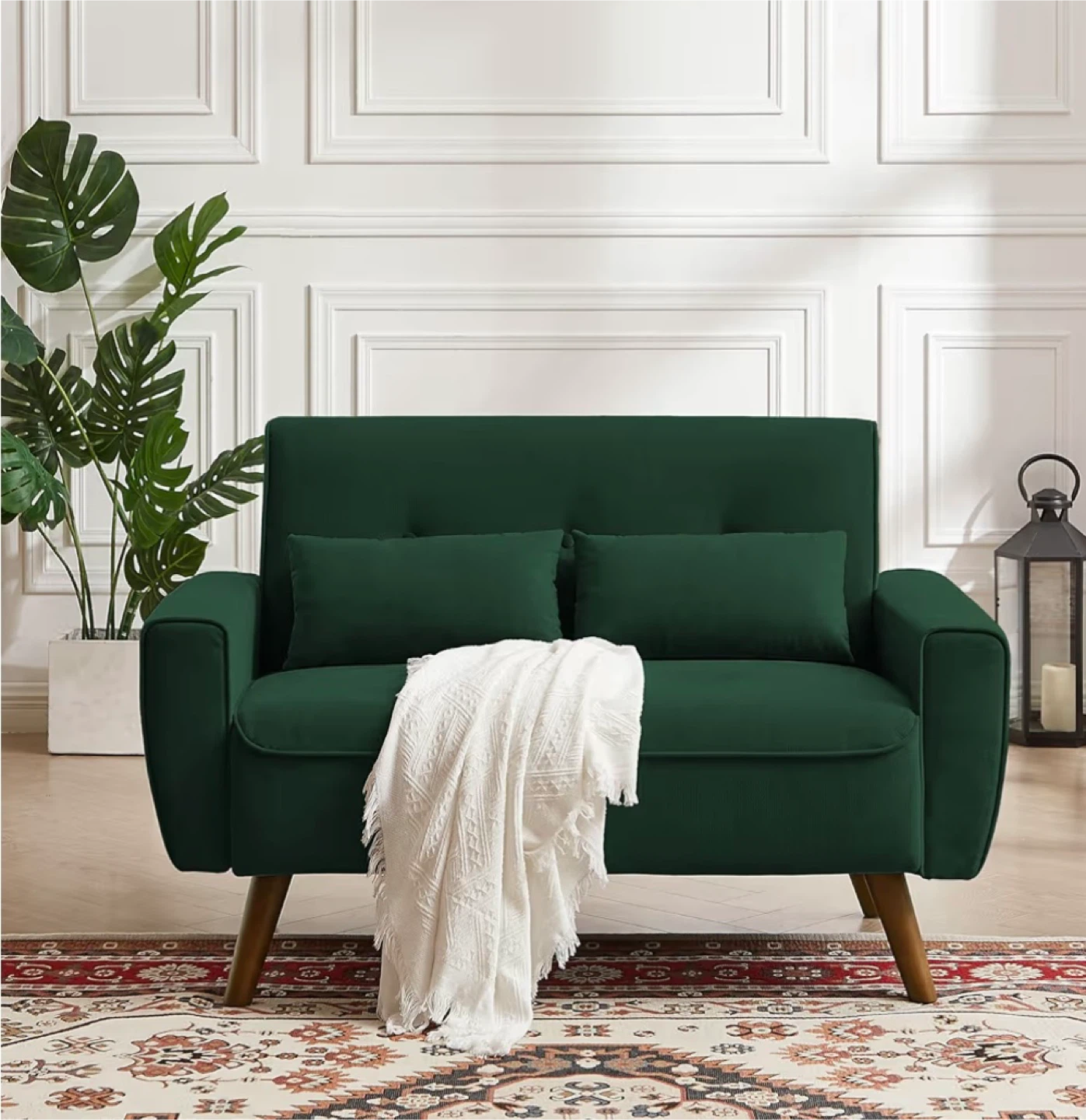 Velvet Loveseat Sofa with 2 Throw Pillows - Emerald Green