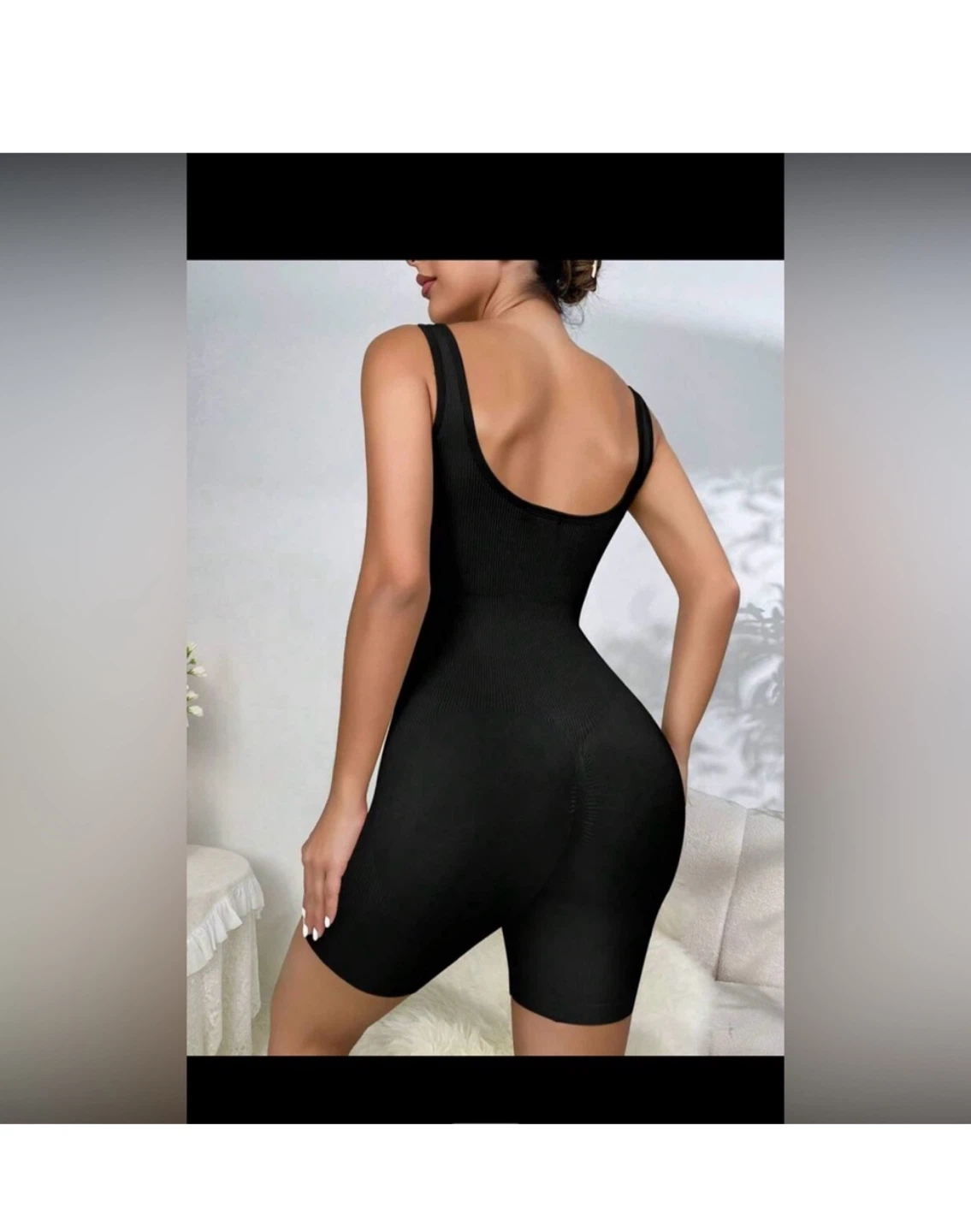 Black Ribbed Racerback Bodysuit with Shorts - photo 4