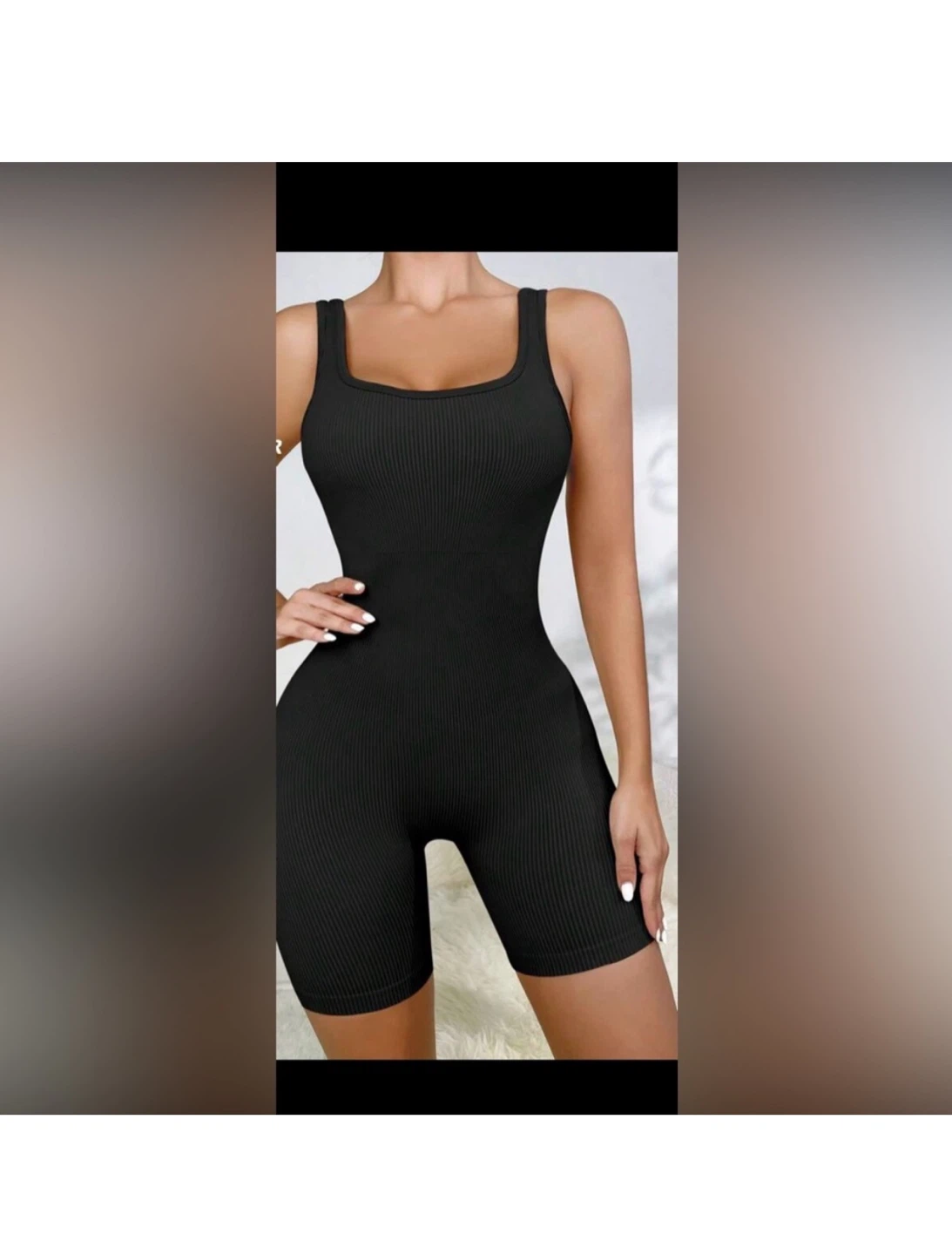 Black Ribbed Racerback Bodysuit with Shorts - photo 3