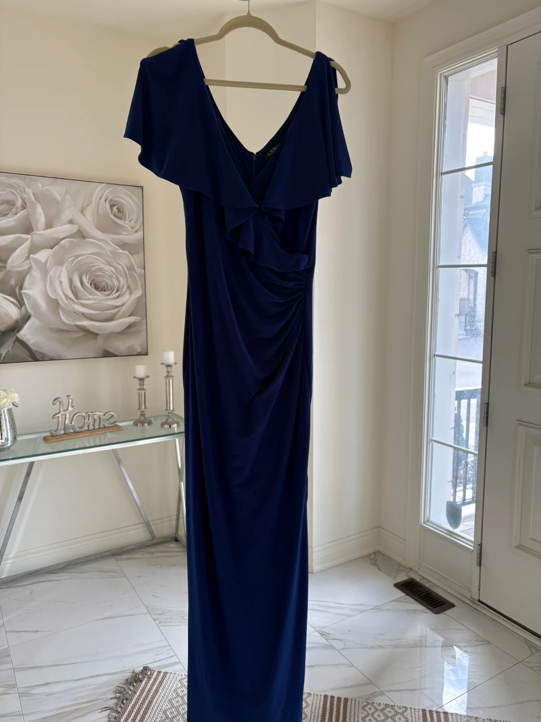 Lauren Ralph Lauren Navy Blue Ruffle Jersey Gown Size 8
