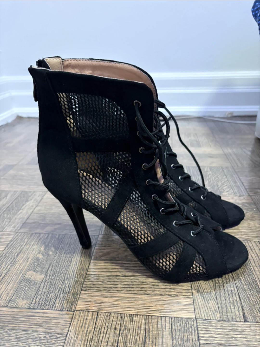 Black Lace-Up Mesh Heels