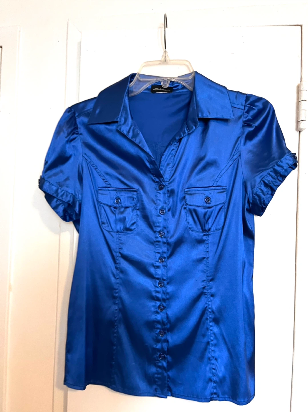 Seductions Royal Blue Satin Button-Up Shirt - photo 2