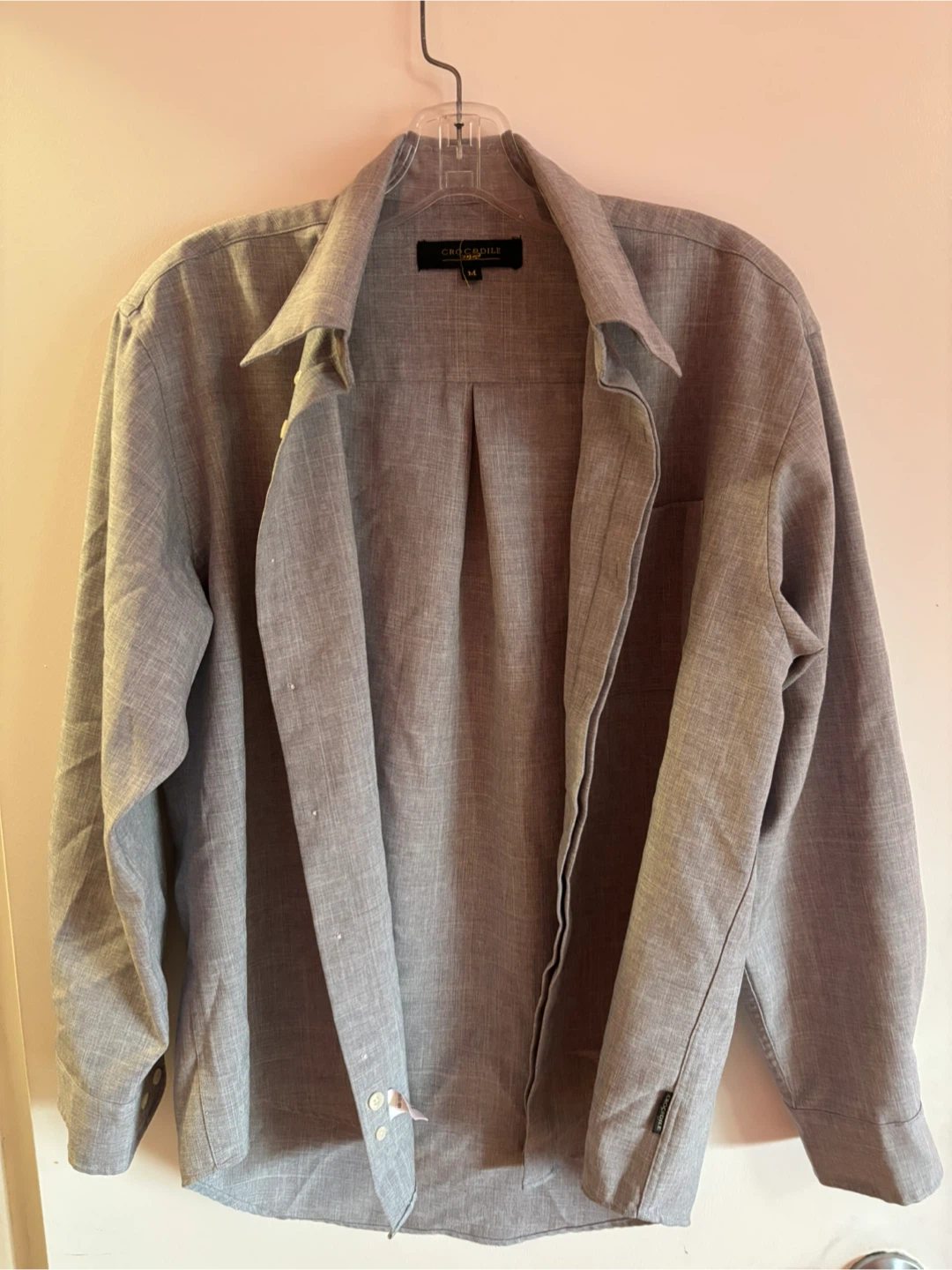 CROCODILE Men's Grey Linen Blend Button-Up Shirt - Size 14