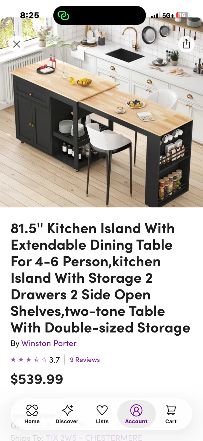 New, 81.5" Kitchen Island With Extendable Dining Table