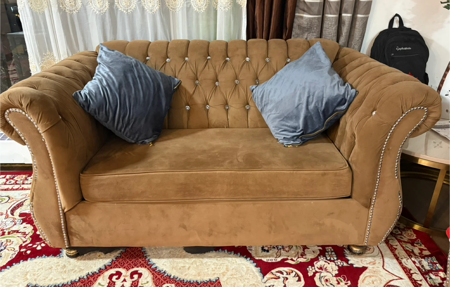 Elegant Brown Velvet Sofa with Button Tufting