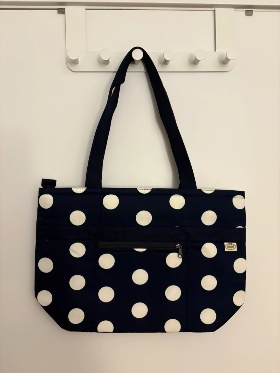 Navy Blue and White Polka Dot Tote Bag with Bow - photo 2