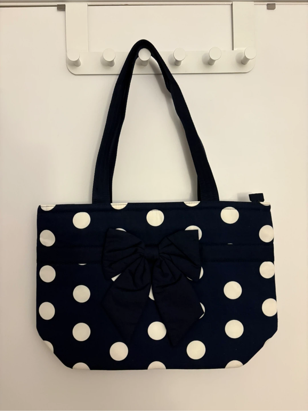 Navy Blue and White Polka Dot Tote Bag with Bow