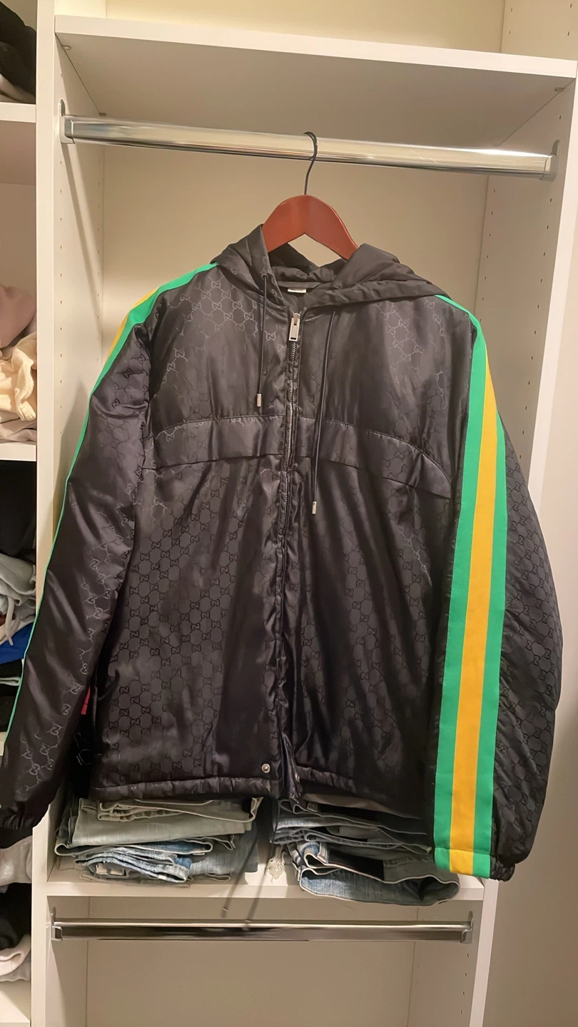 Gucci Puffer Jacket with Green and Yellow Stripes