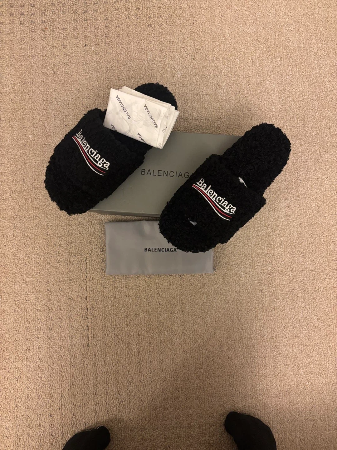 Balenciaga Black Furry Logo Slippers