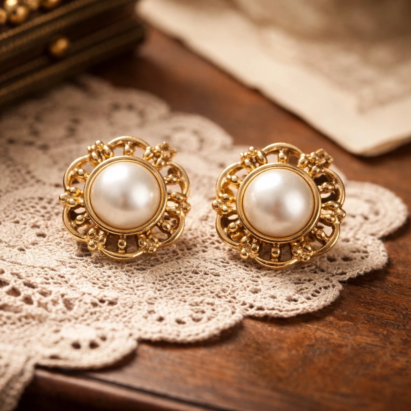 Monet Gold Tone Faux Pearl Flower Clip-On Earrings