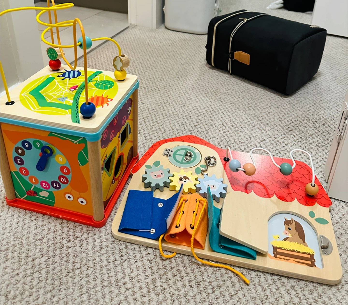 Wooden Activity Cube and Farmhouse Busy Board