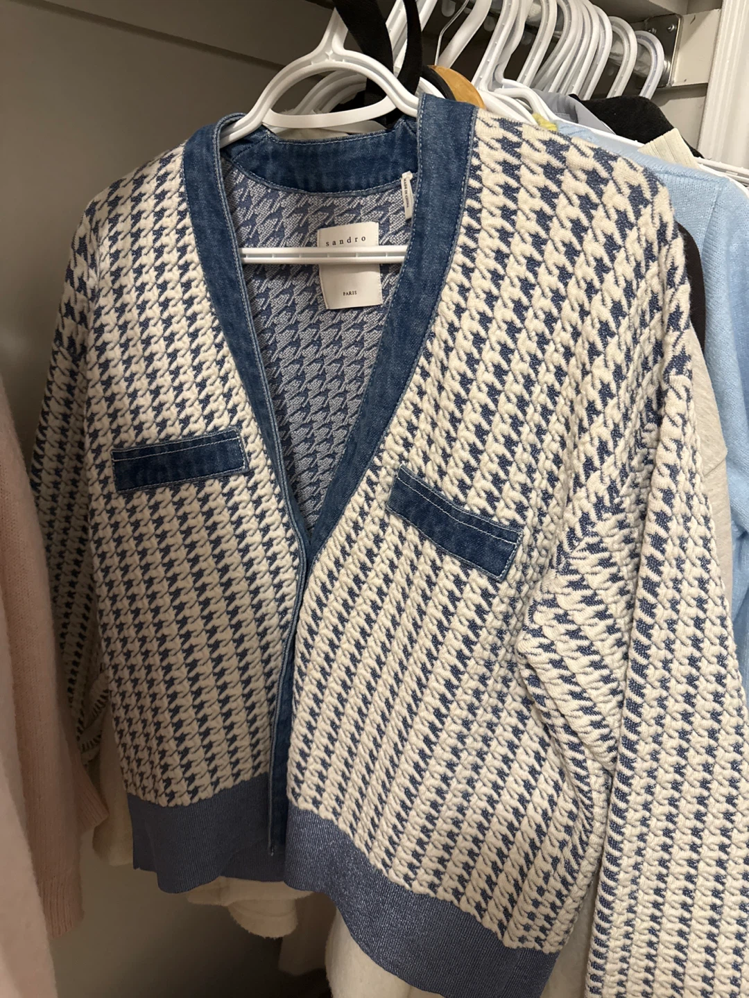 Sandro Houndstooth Knit Denim Trim Cardigan