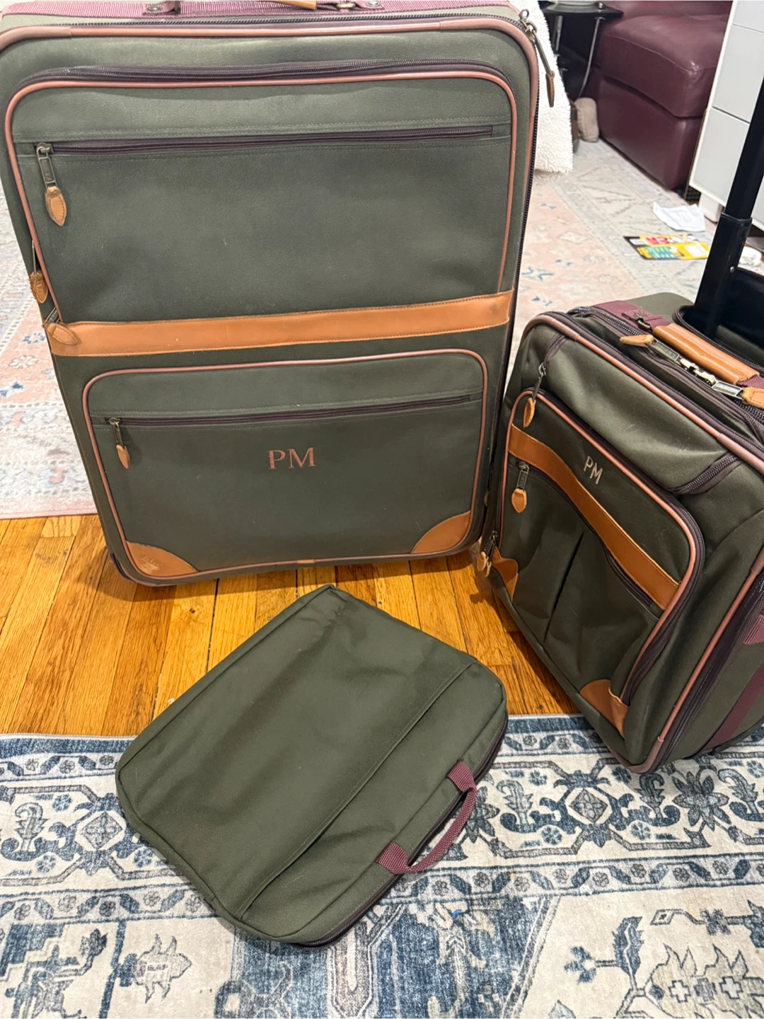 Olive Green Luggage Set with Leather Trim