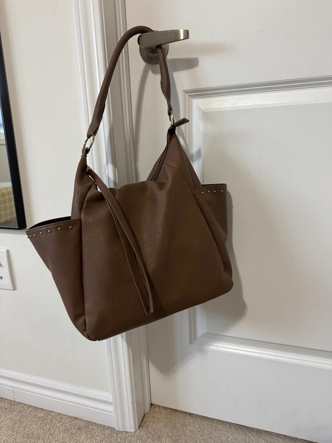 Brown Faux Leather Hobo Handbag with Stud Accents