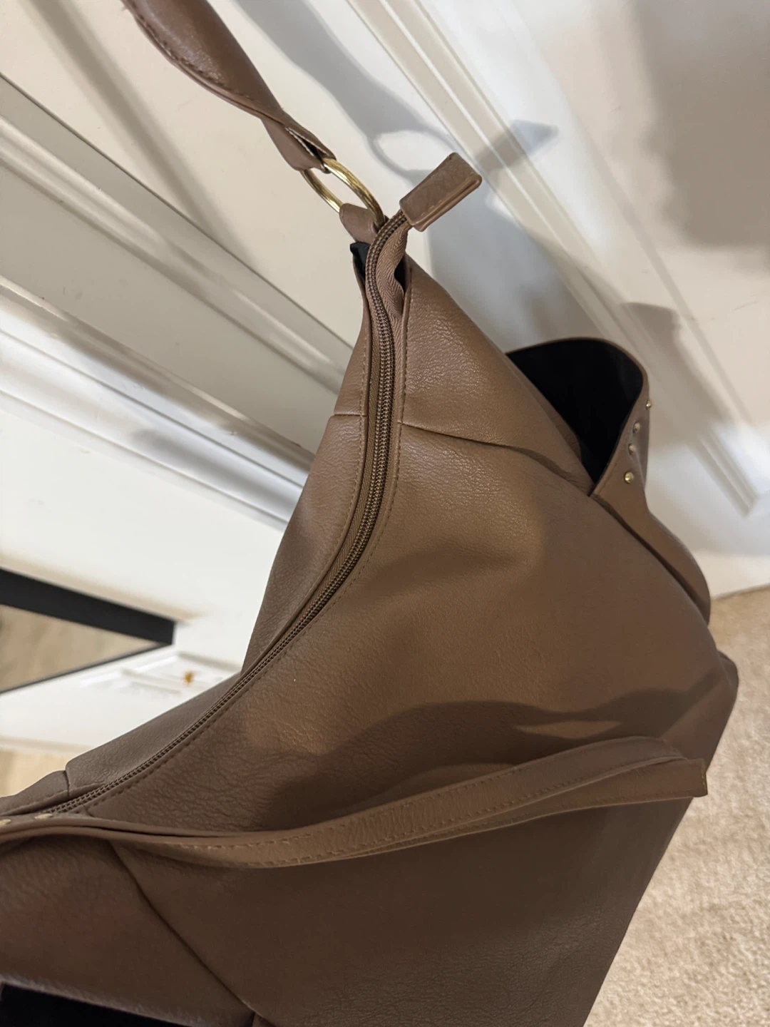Brown Faux Leather Hobo Handbag with Stud Accents - photo 3