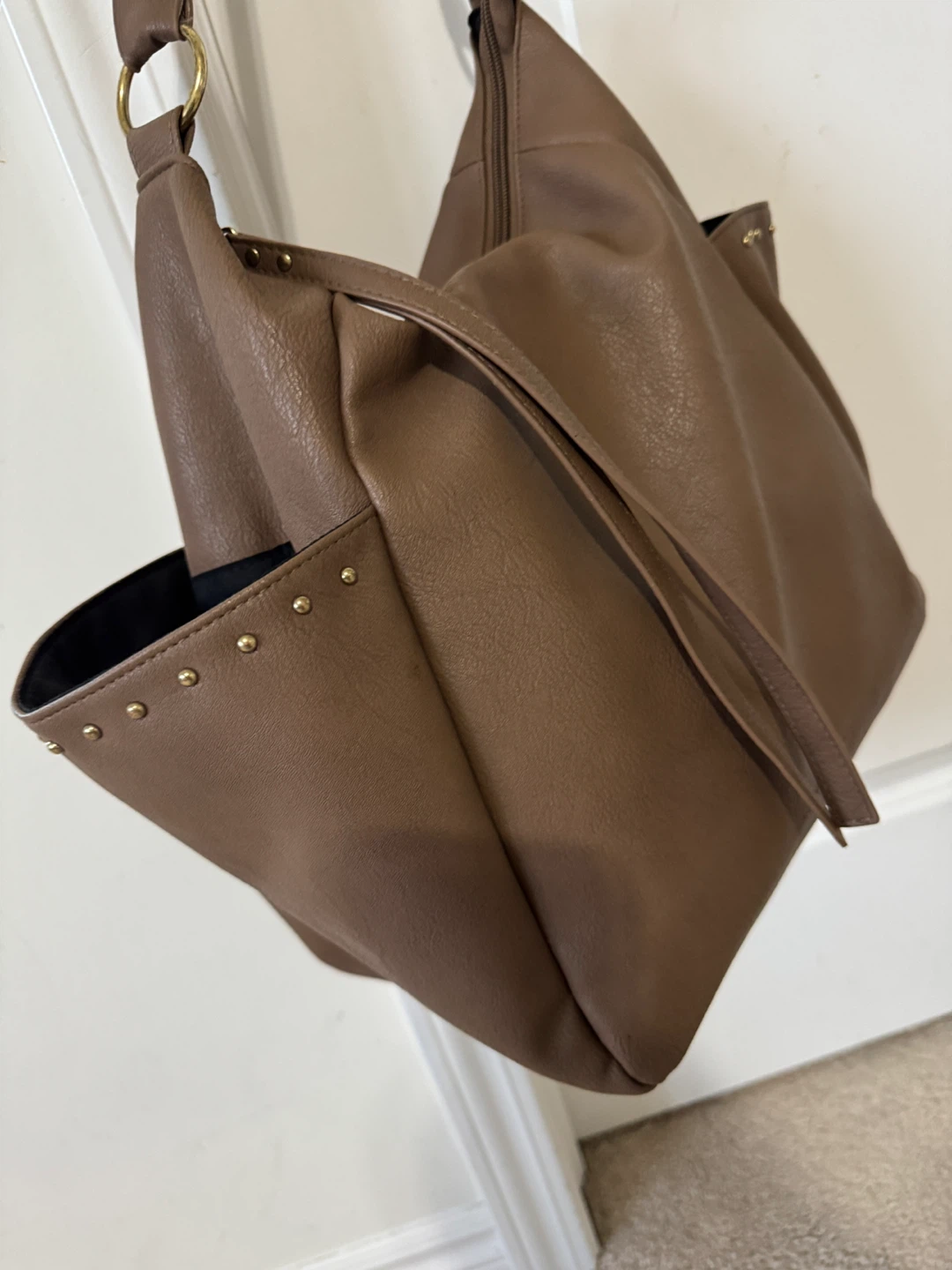Brown Faux Leather Hobo Handbag with Stud Accents - photo 2