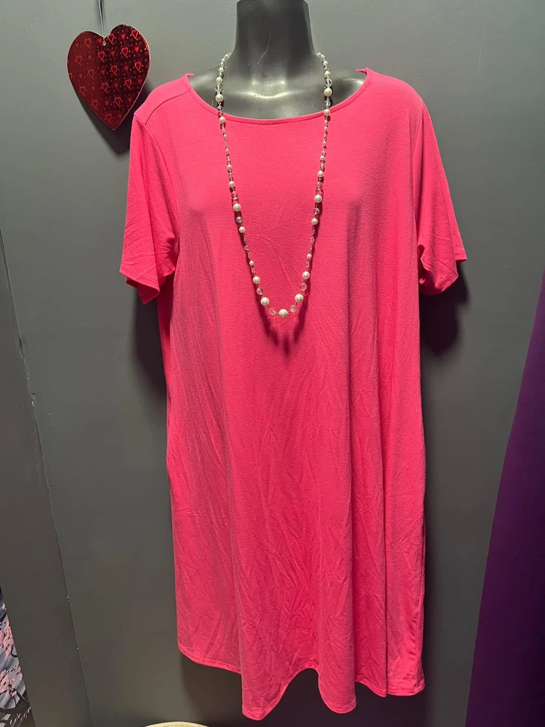 Plus Short Sleeve Flared Dress w/Side Pockets Pink