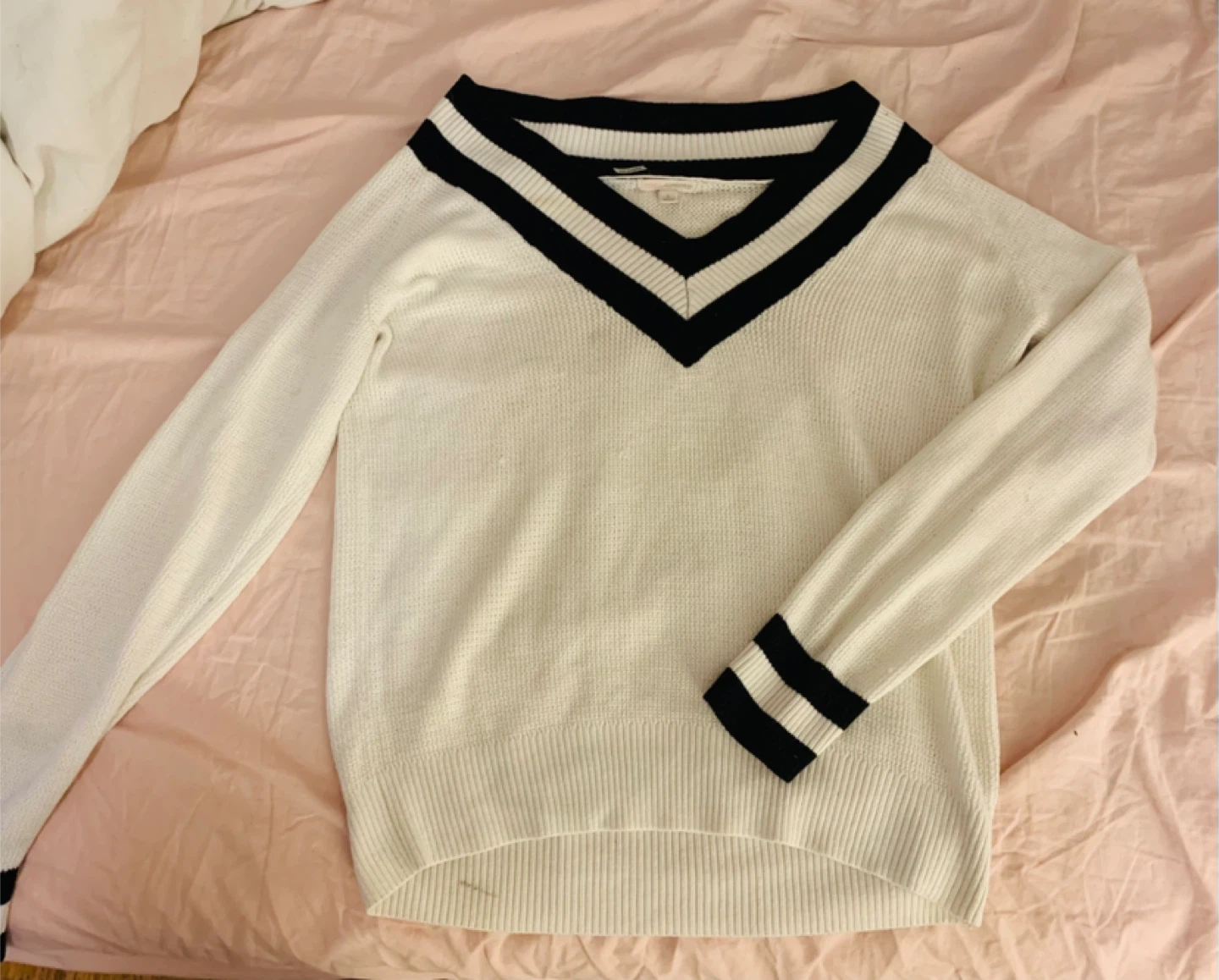 White V-Neck Sweater with Black Stripes