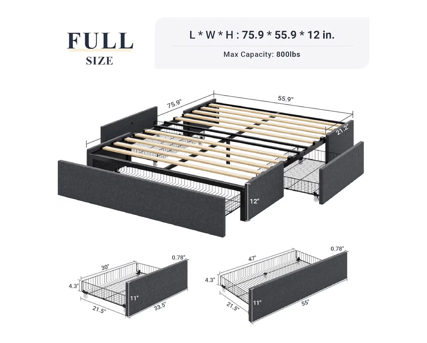 Full Size Bed Frame with Storage Drawers