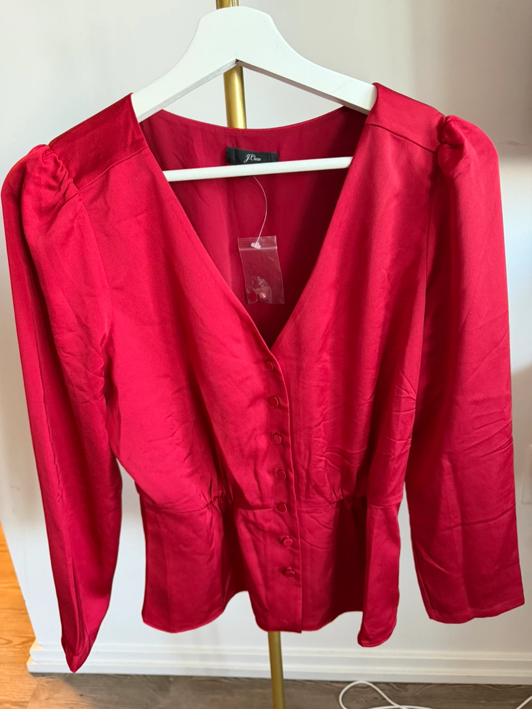 J. Crew Red V-Neck Long Sleeve Peplum Blouse