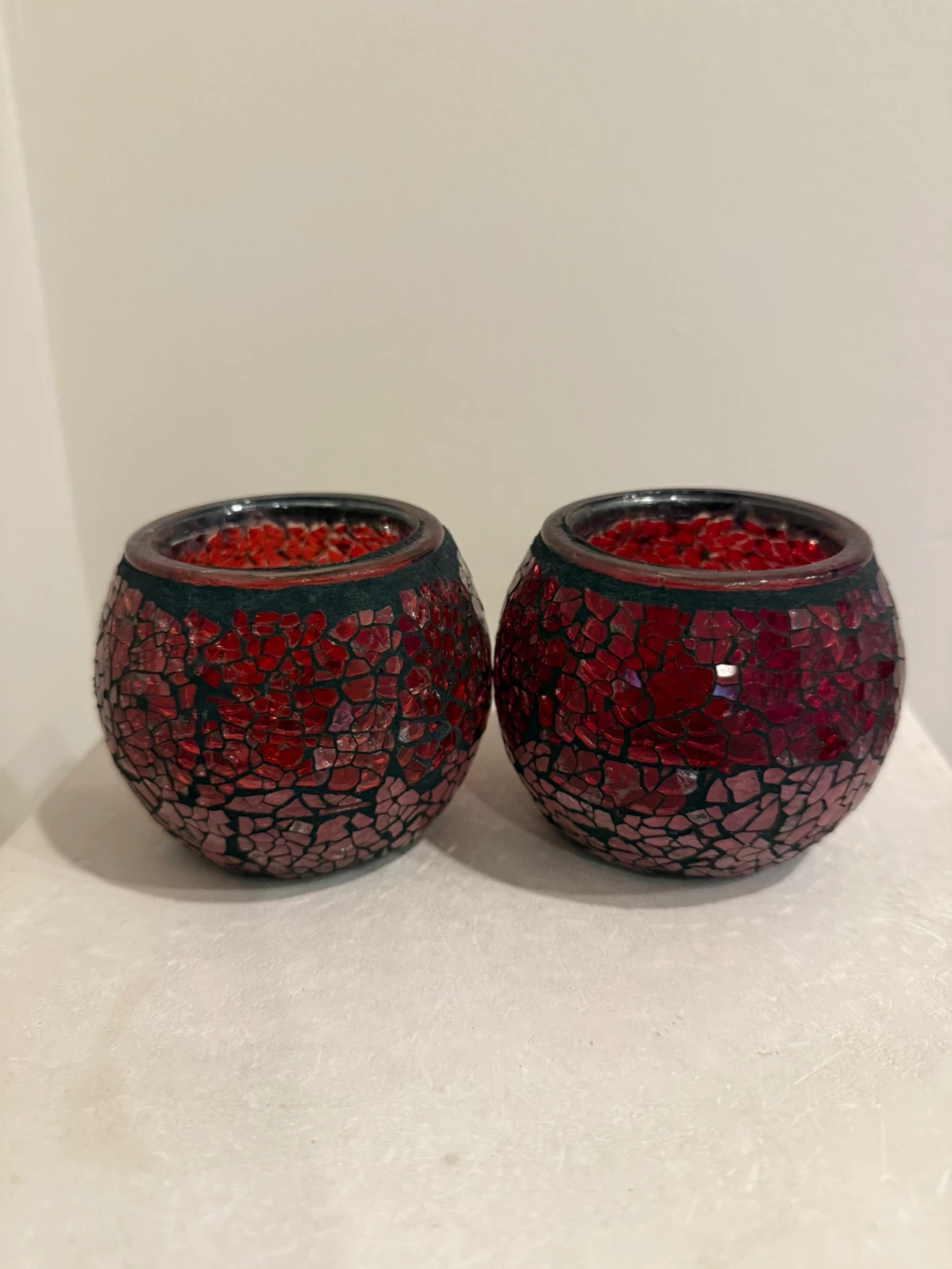 Set of 2 Red Mosaic Glass Candle Holders