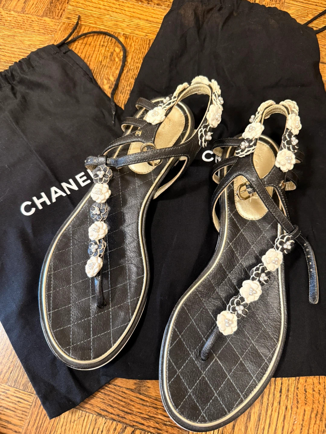 Chanel Black Leather Flower Embellished Flat Sandals Size 37