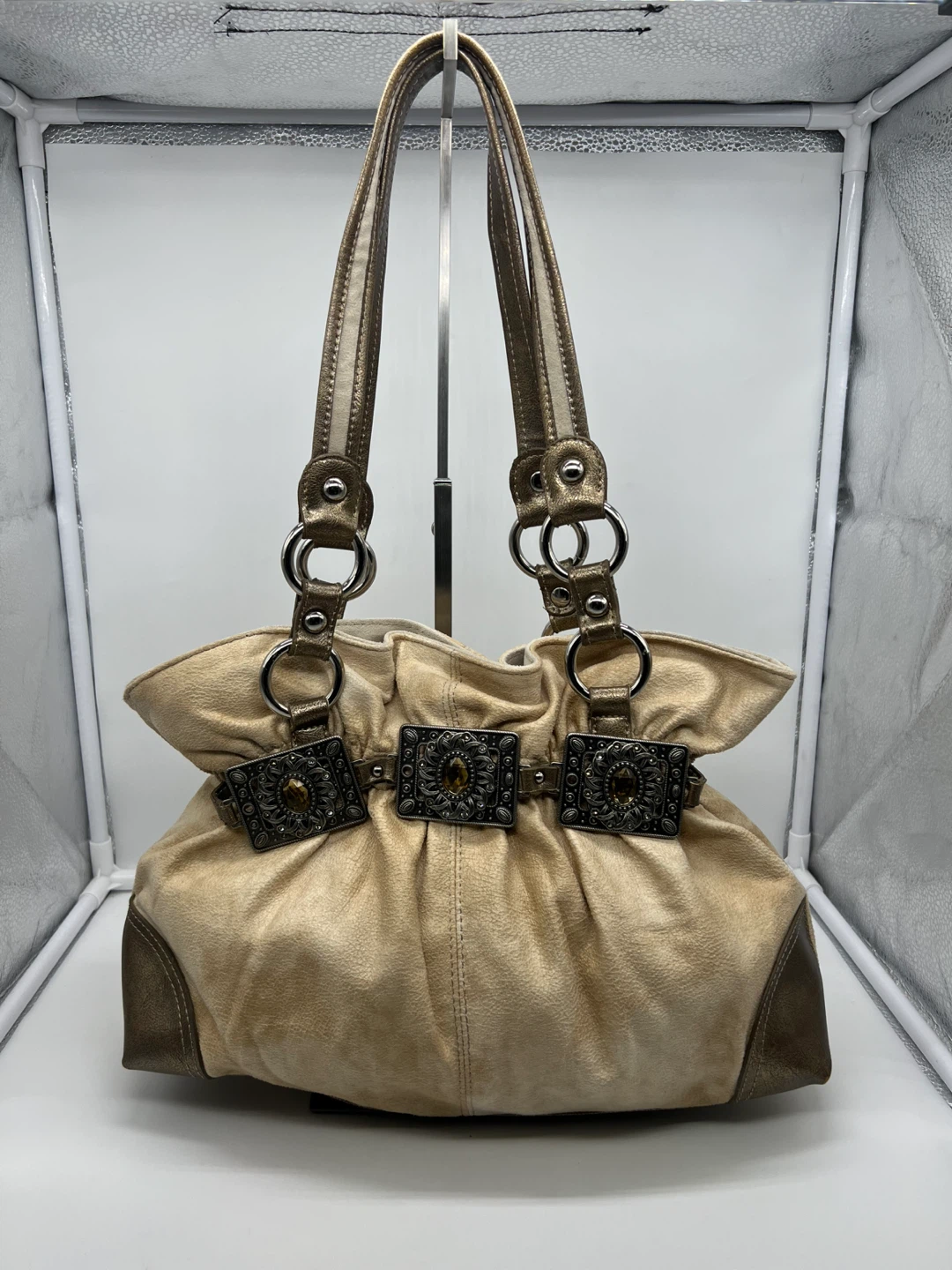 KATHY VAN ZEELAND Y2K Beige Metallic Accents Shoulder Bag