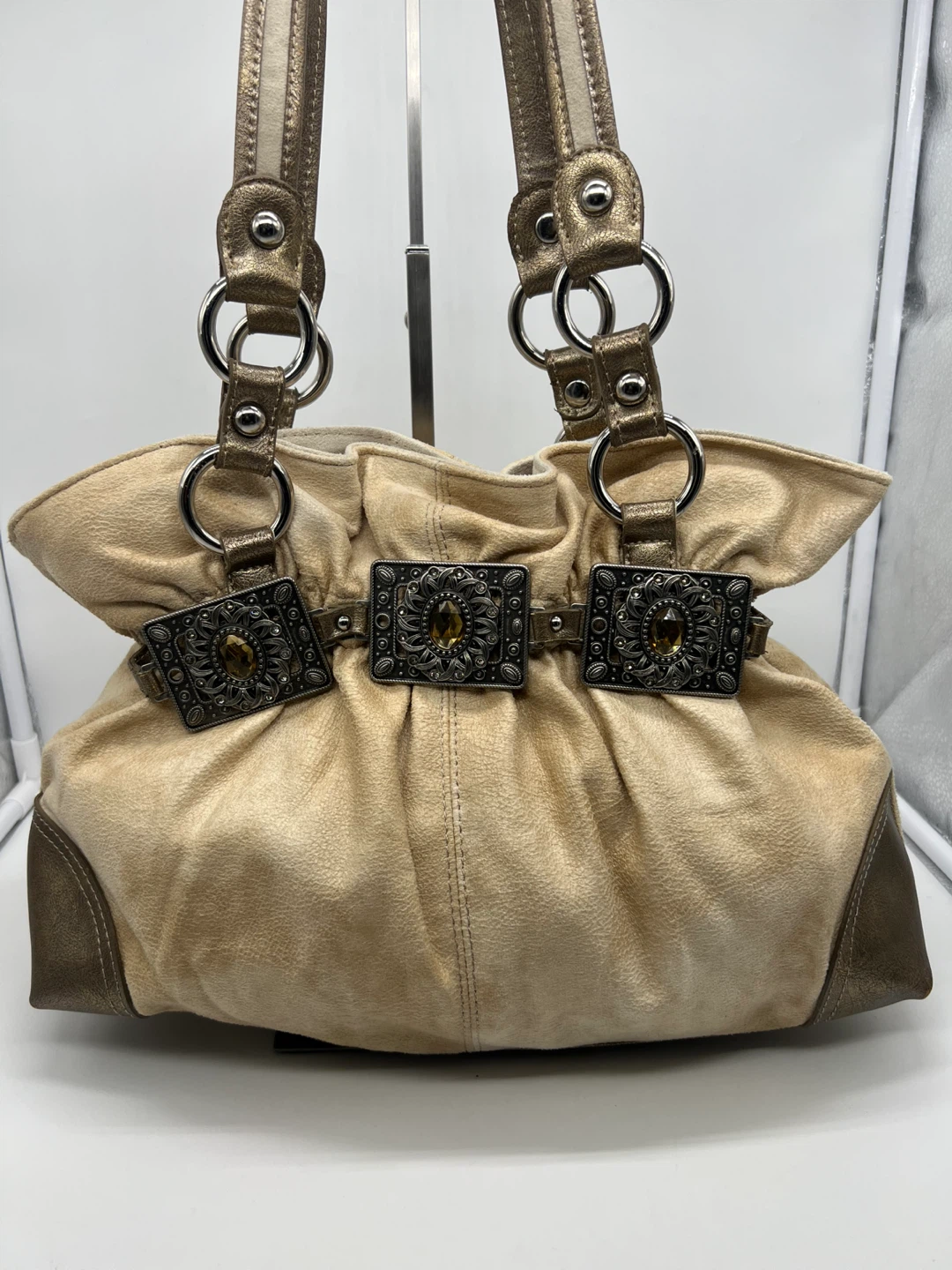 KATHY VAN ZEELAND Y2K Beige Metallic Accents Shoulder Bag - photo 2