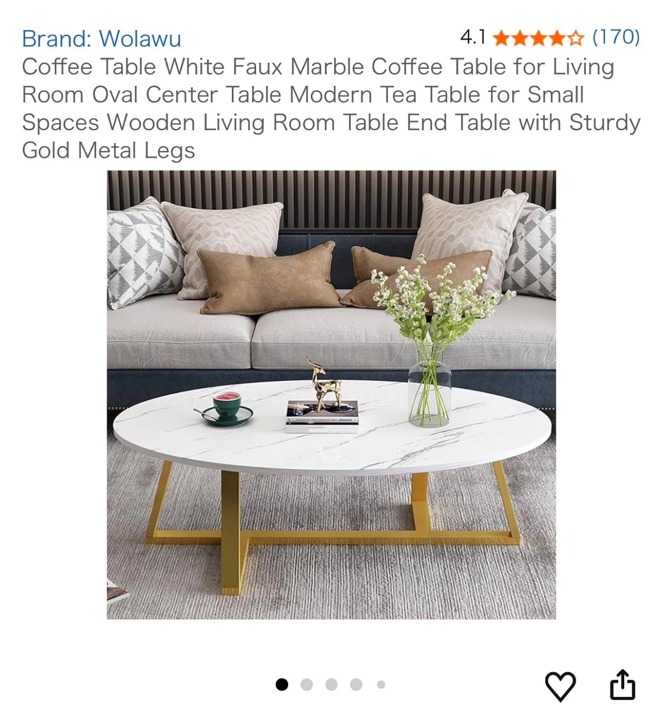 Wolawu White Faux Marble Oval Coffee Table with Gold Legs