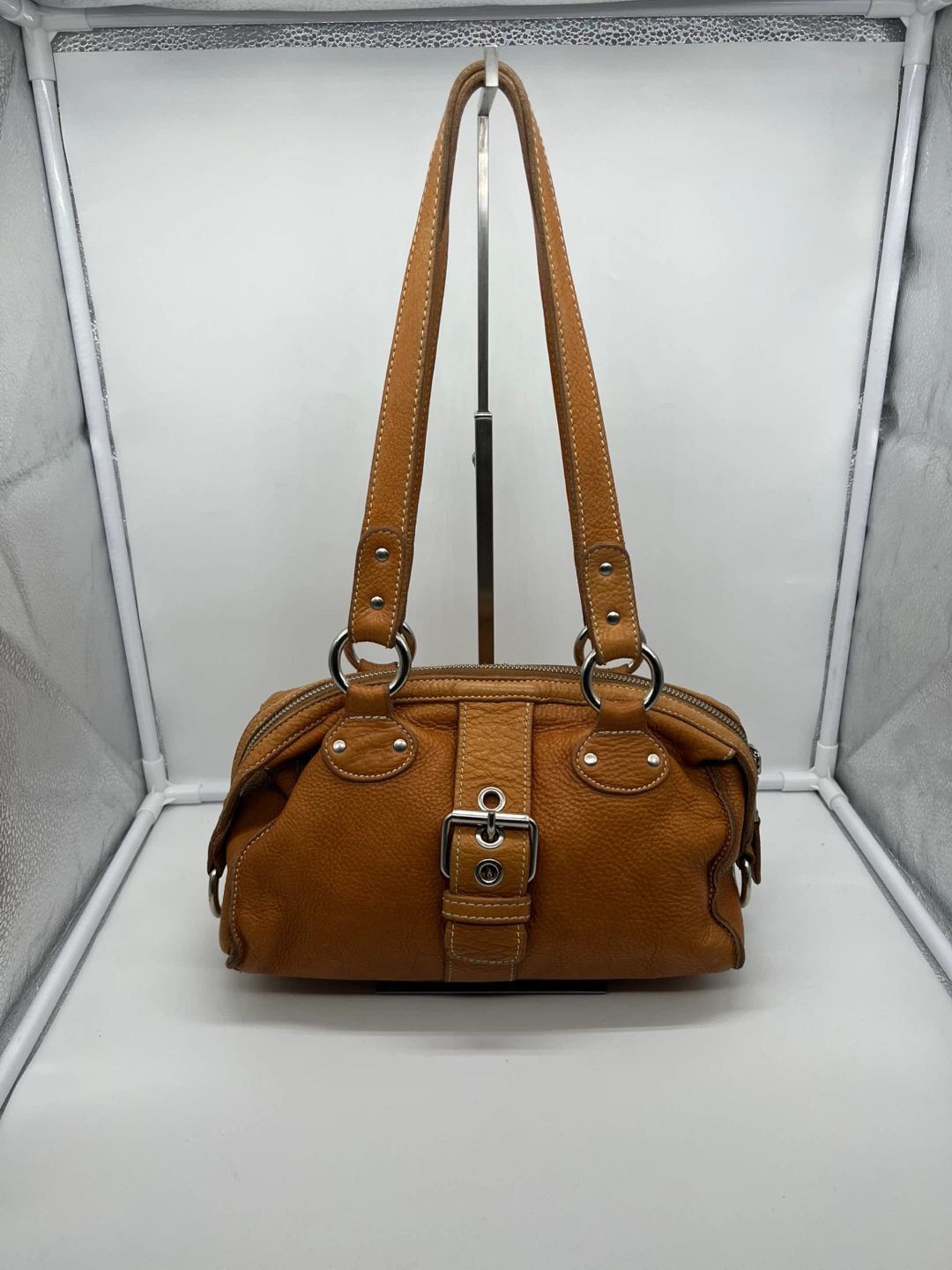 ROOTS VINTAGE Tan Brown Leather Double Handles Shoulder Bag