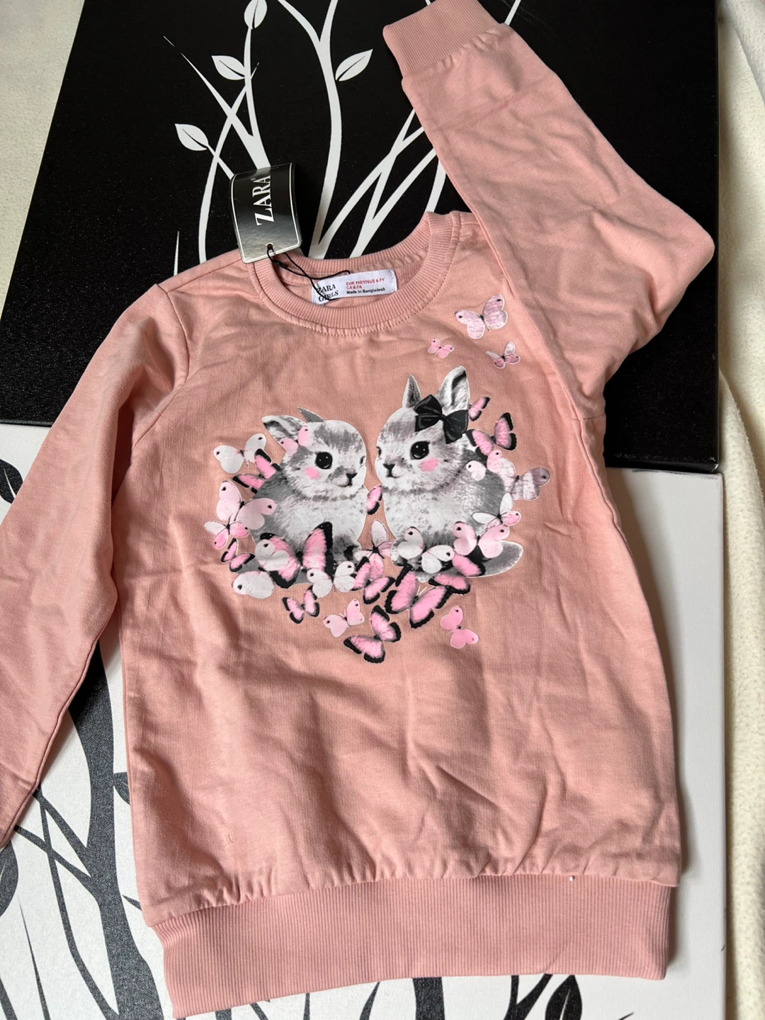 Zara Girls Pink Bunny & Butterfly Sweatshirt Size 6-7Y