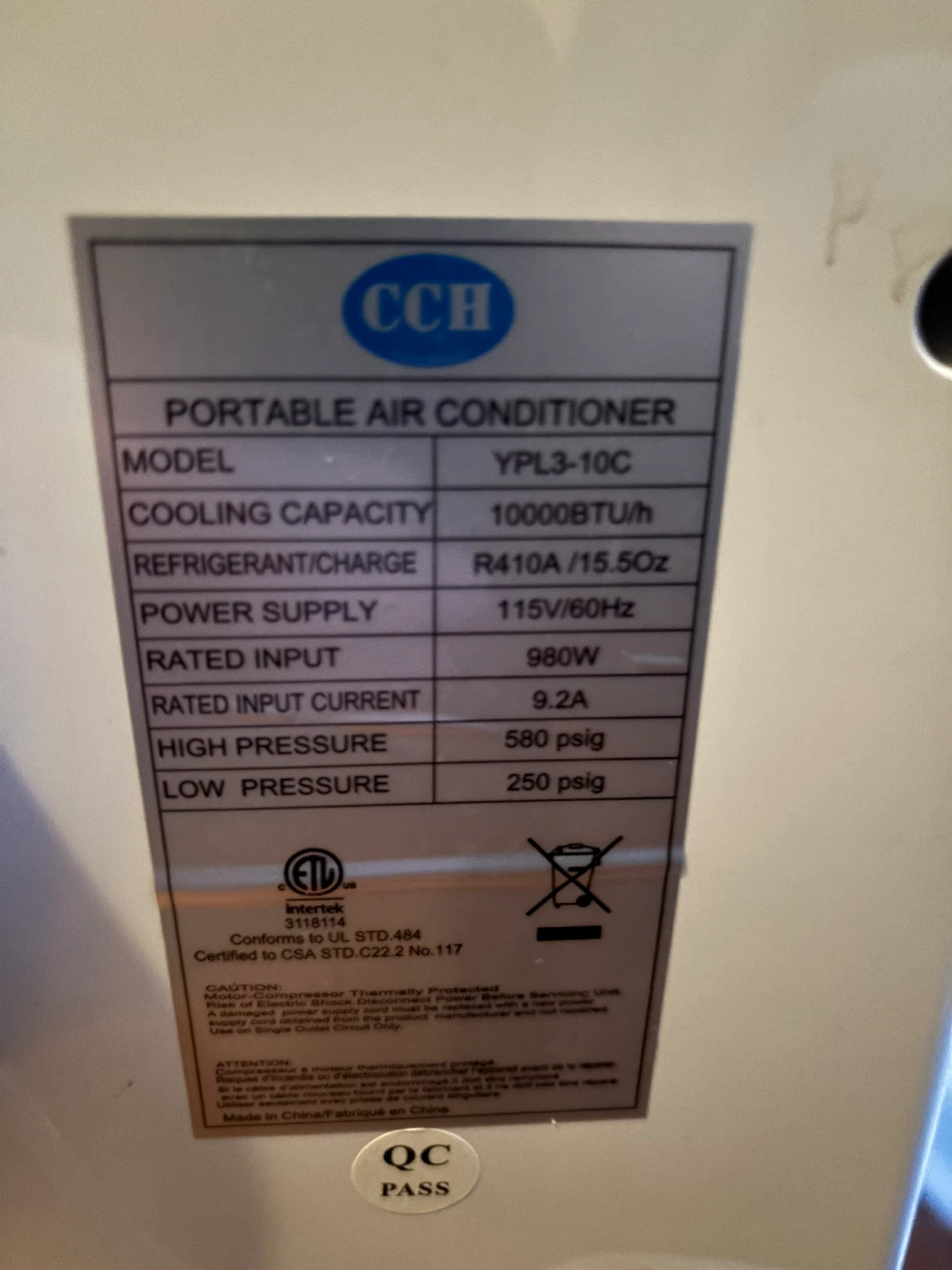CCH Portable Air Conditioner 10000 BTU YPL3-10C - photo 2