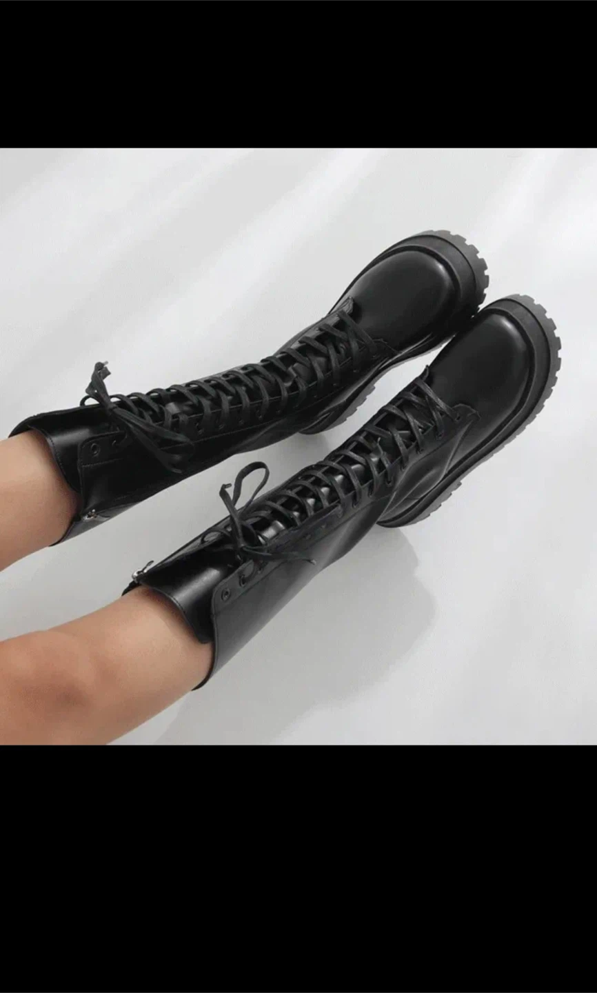 Black Lace-Up Platform Knee-High Boots - photo 4