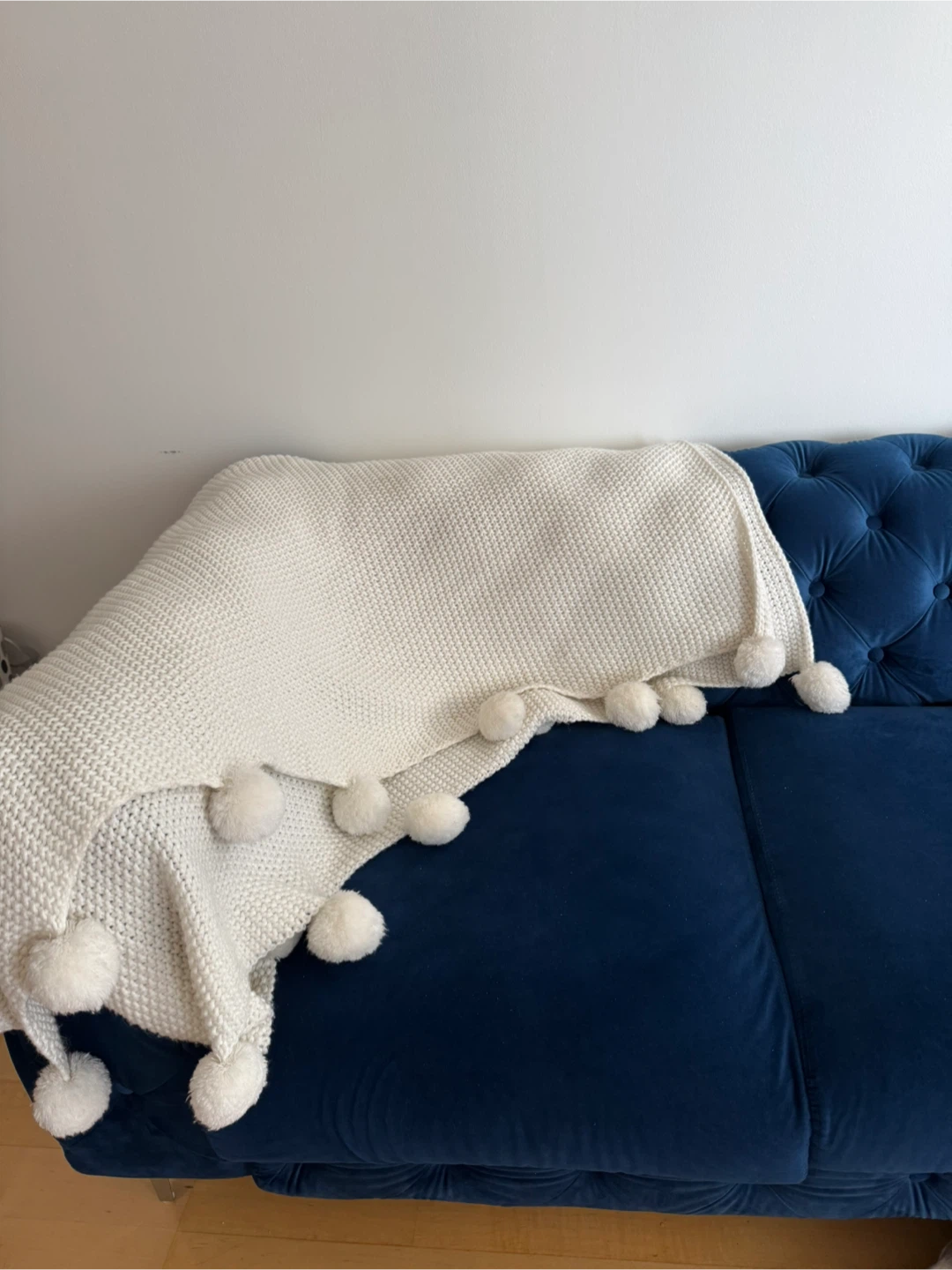 Cream Knit Throw Blanket with Pom Poms