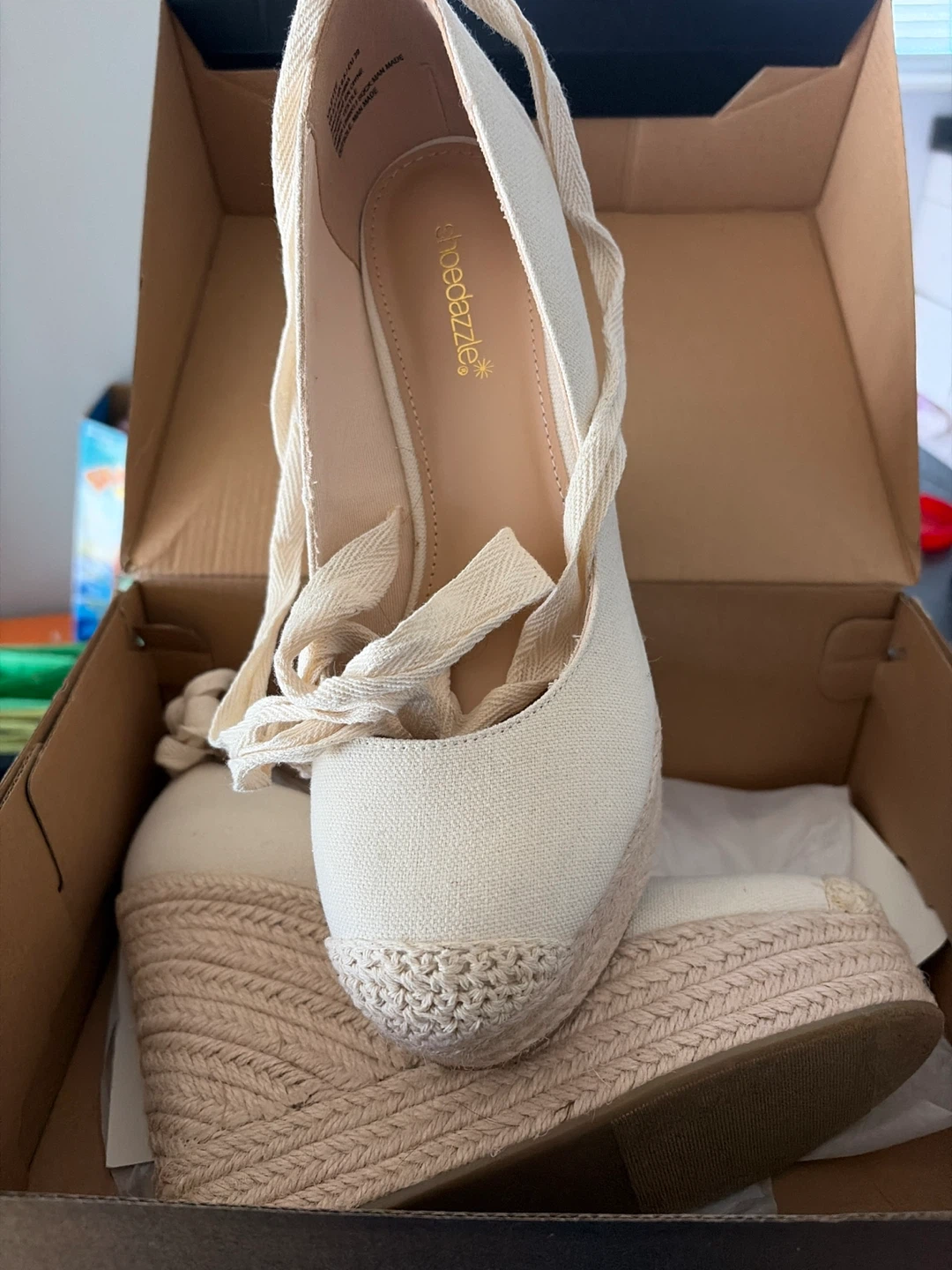 ShoeDazzle "Violette" Espadrille Wedges - Natural, Size 8.5