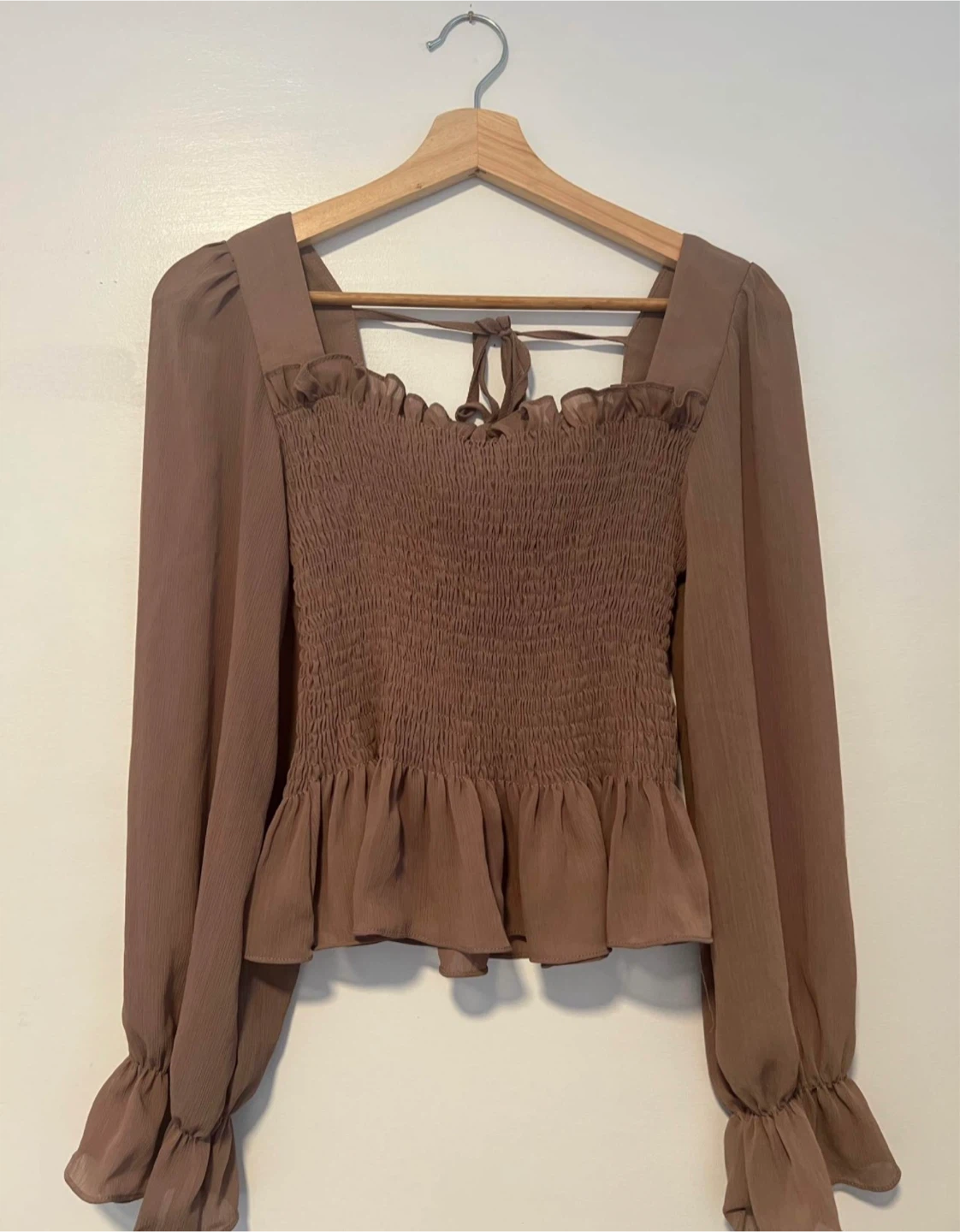 Brown Smocked Peplum Top with Ruffle Cuffs