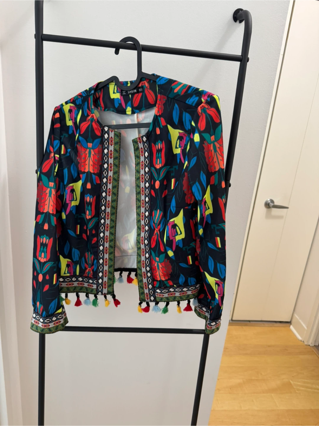 SHEIN Black Floral Embroidered Tassel Jacket
