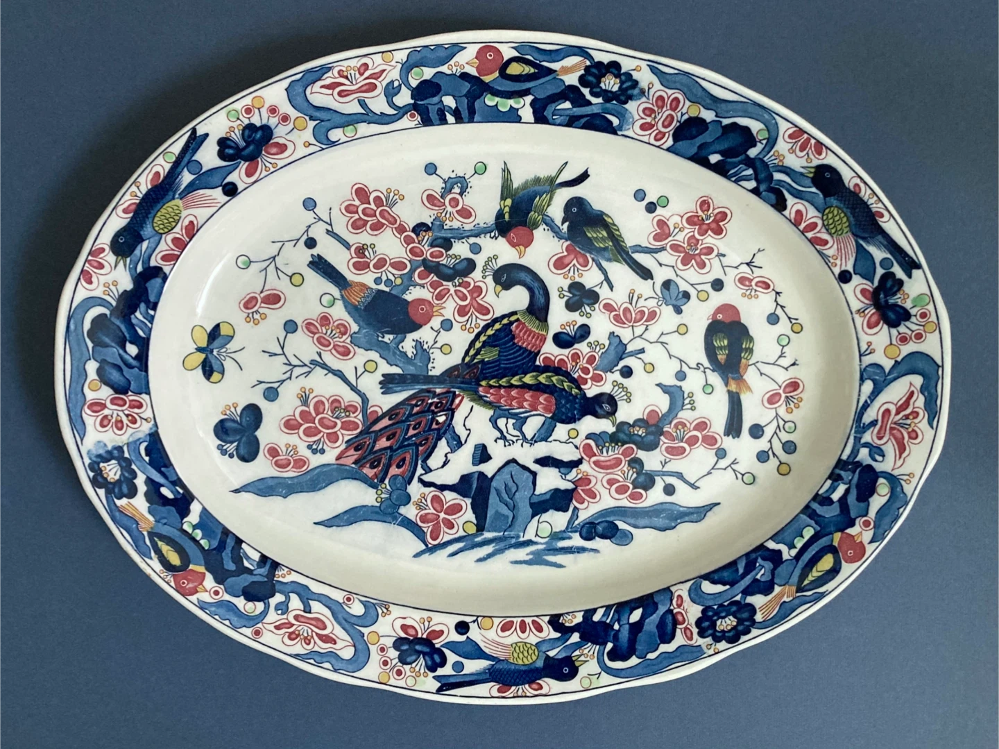 Vintage Asian Bird Motif Large Ceramic Oval Platter