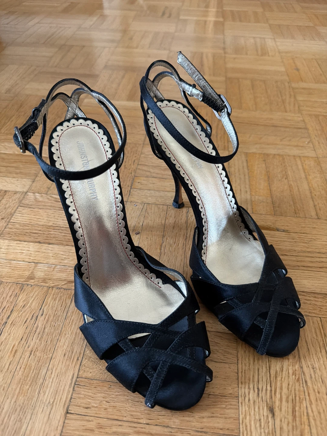 Jonathon & Murphy Black Satin Strappy Heels - Size 8