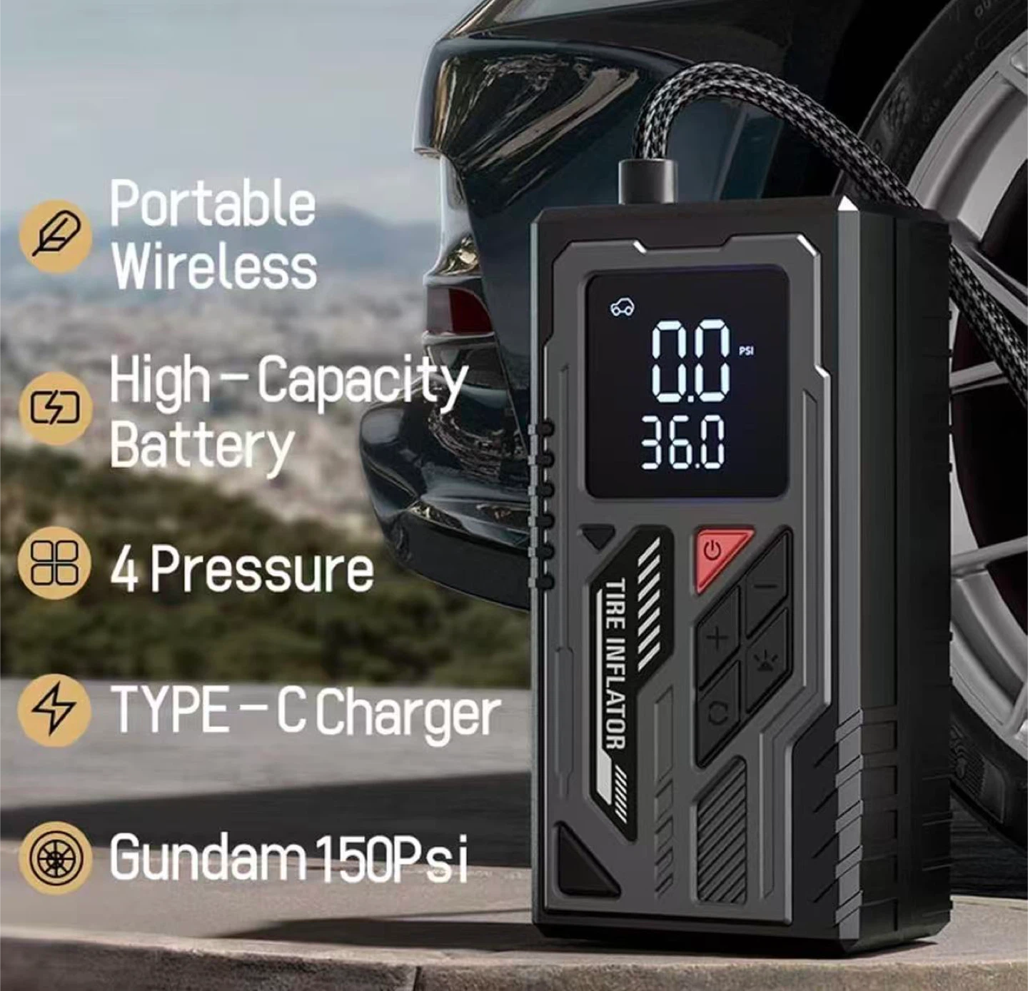 Portable Wireless Tire Inflator with 4000mAh Battery - photo 2