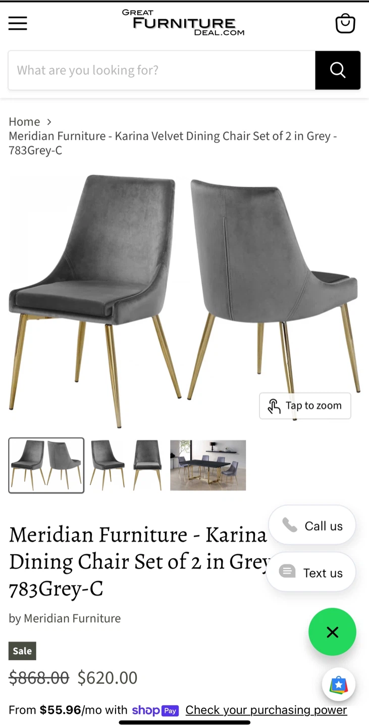 Meridian Furniture Karina Velvet Dining Chairs Set of 2 (Grey) - photo 5