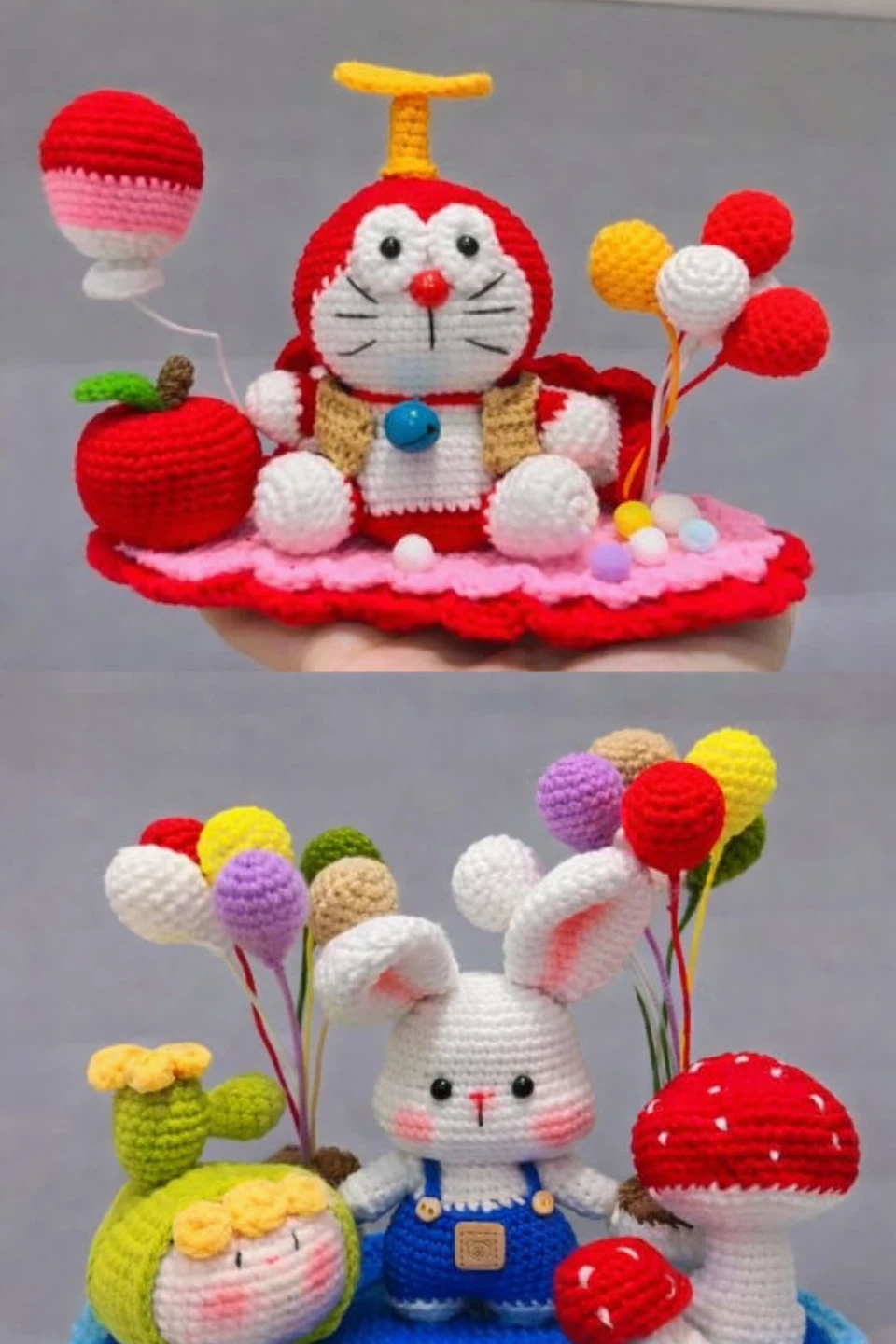 Handmade Crochet Doraemon and Bunny Figures with Balloons - photo 2
