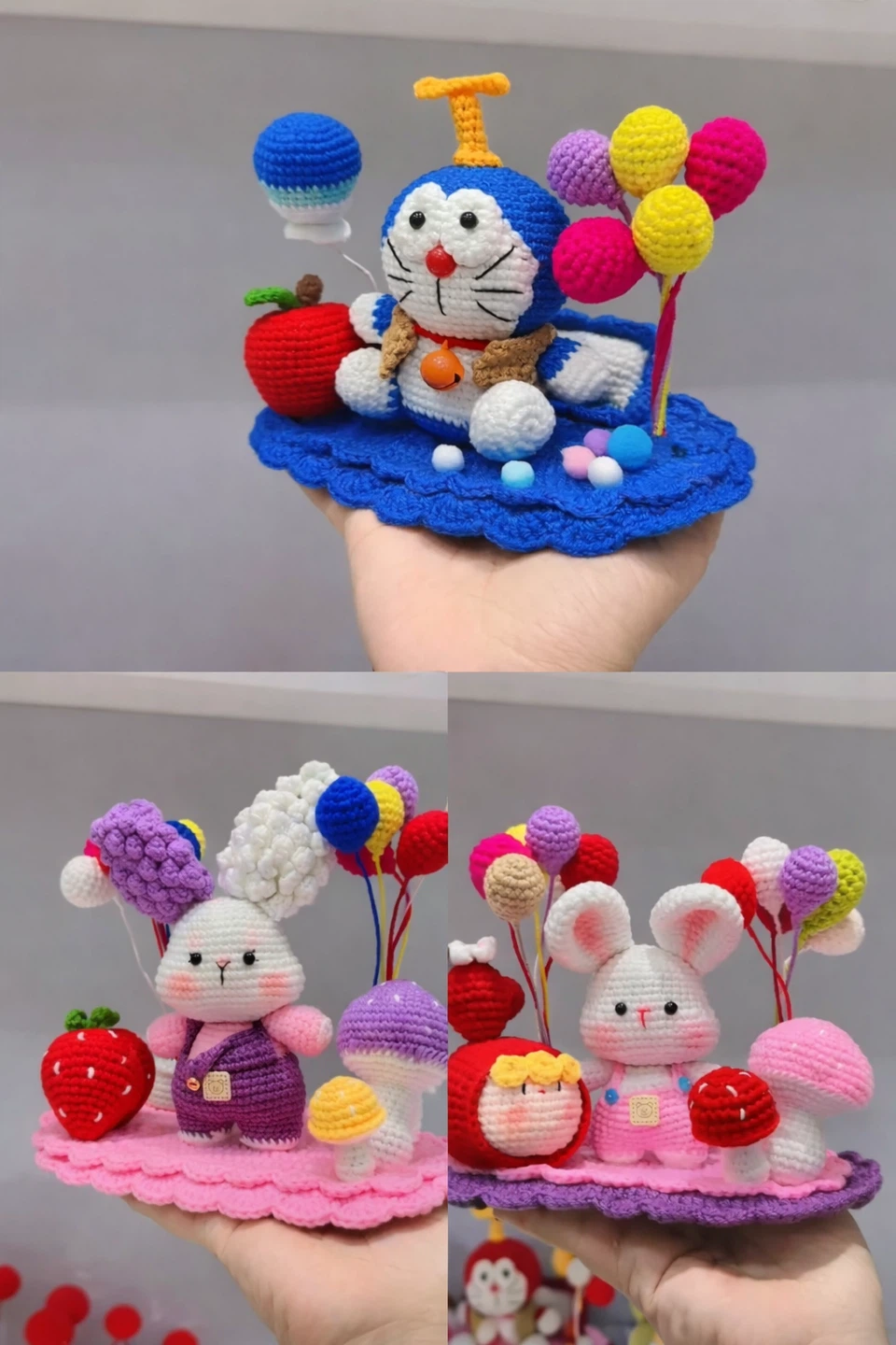 Handmade Crochet Doraemon and Bunny Figures with Balloons