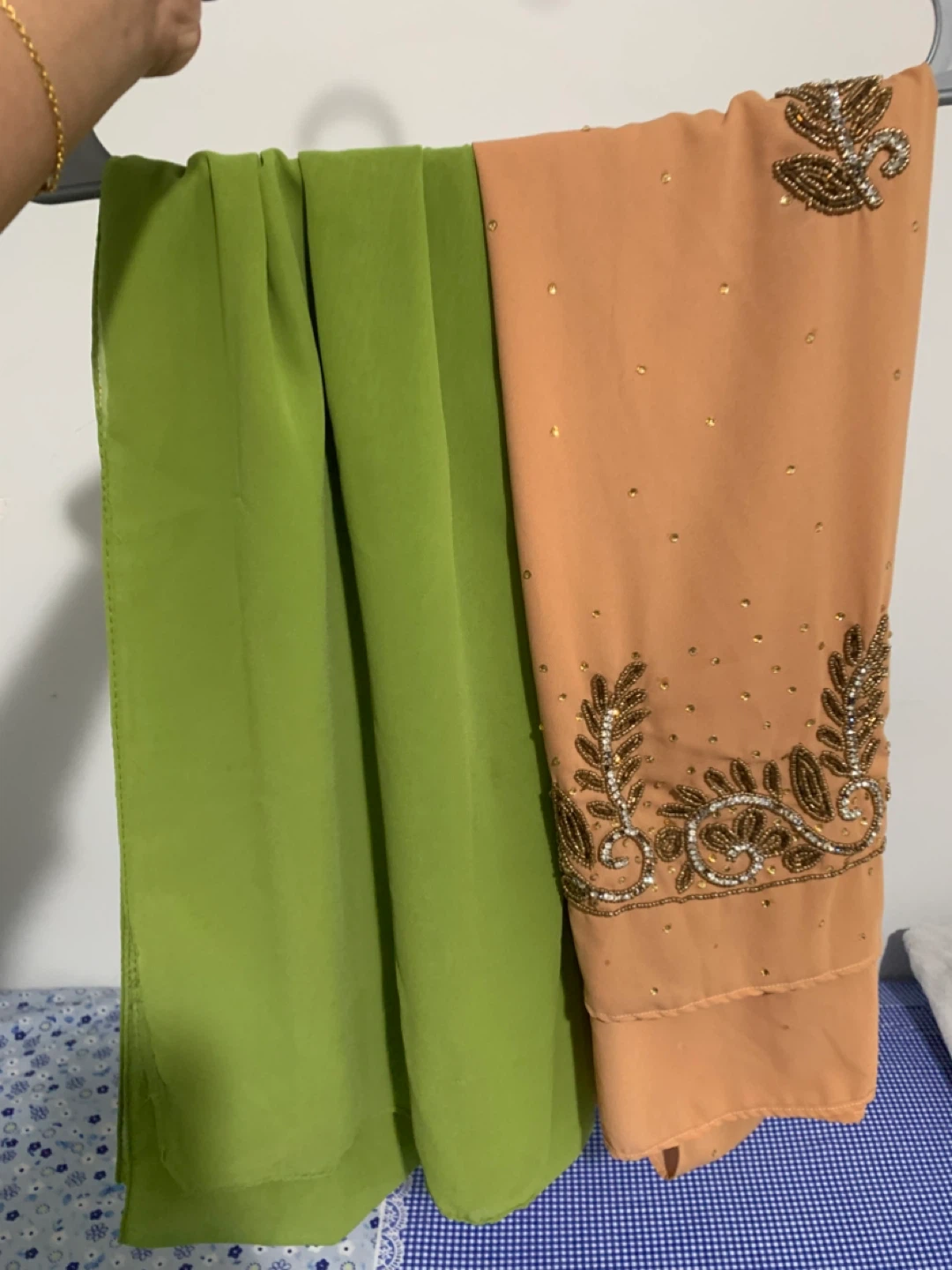 Chiffon Scarf - Light Green and Peach with Embellishment - photo 3