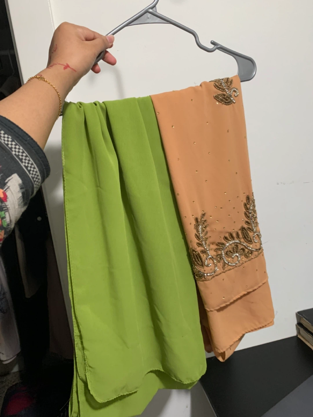 Chiffon Scarf - Light Green and Peach with Embellishment
